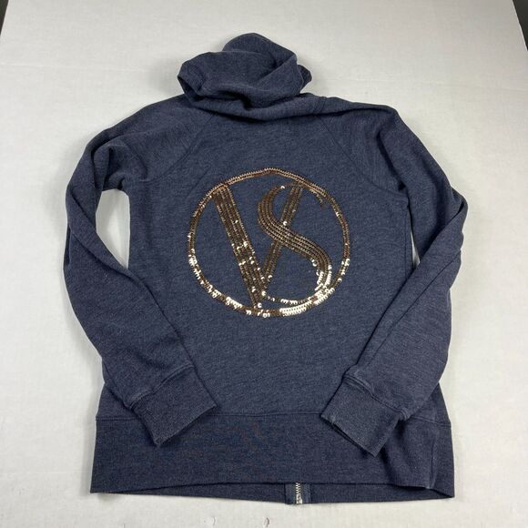 Victorias Secret Sequin Logo Hoodie Blue Full Zip Up Hooded Jacket Glam SMALL - Picture 1 of 11